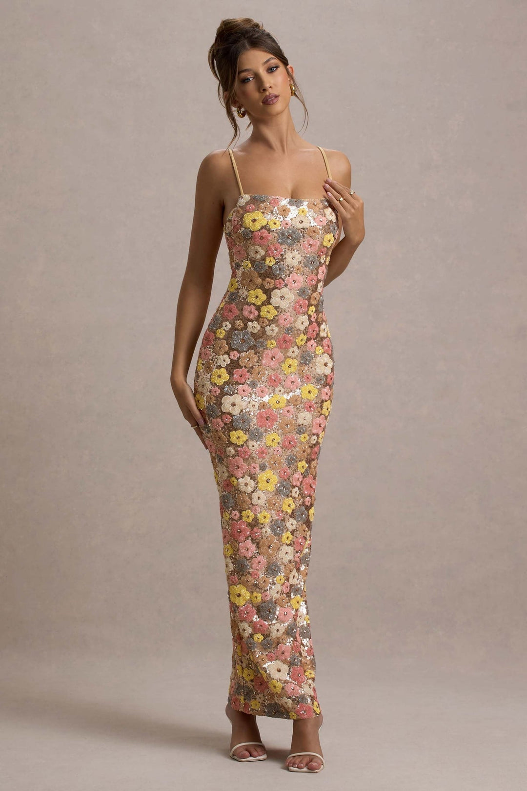 Lolita - Vestido maxi com Alças Finas e Lantejoulas Florais