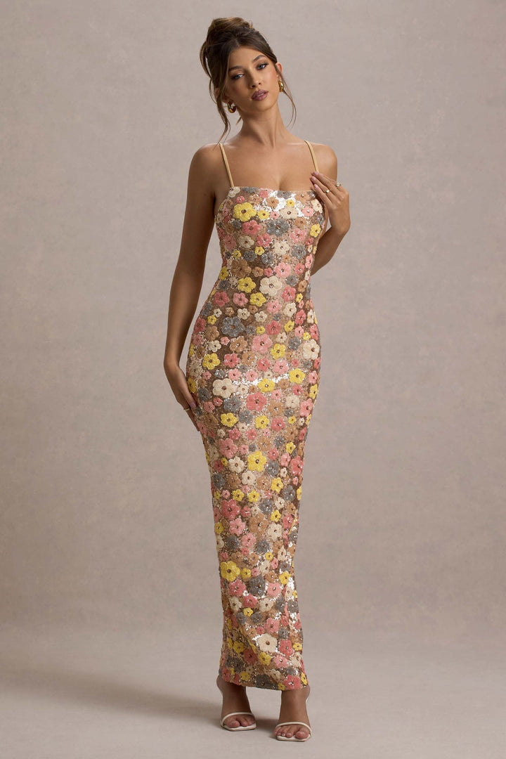 Lolita - Vestido maxi com Alças Finas e Lantejoulas Florais