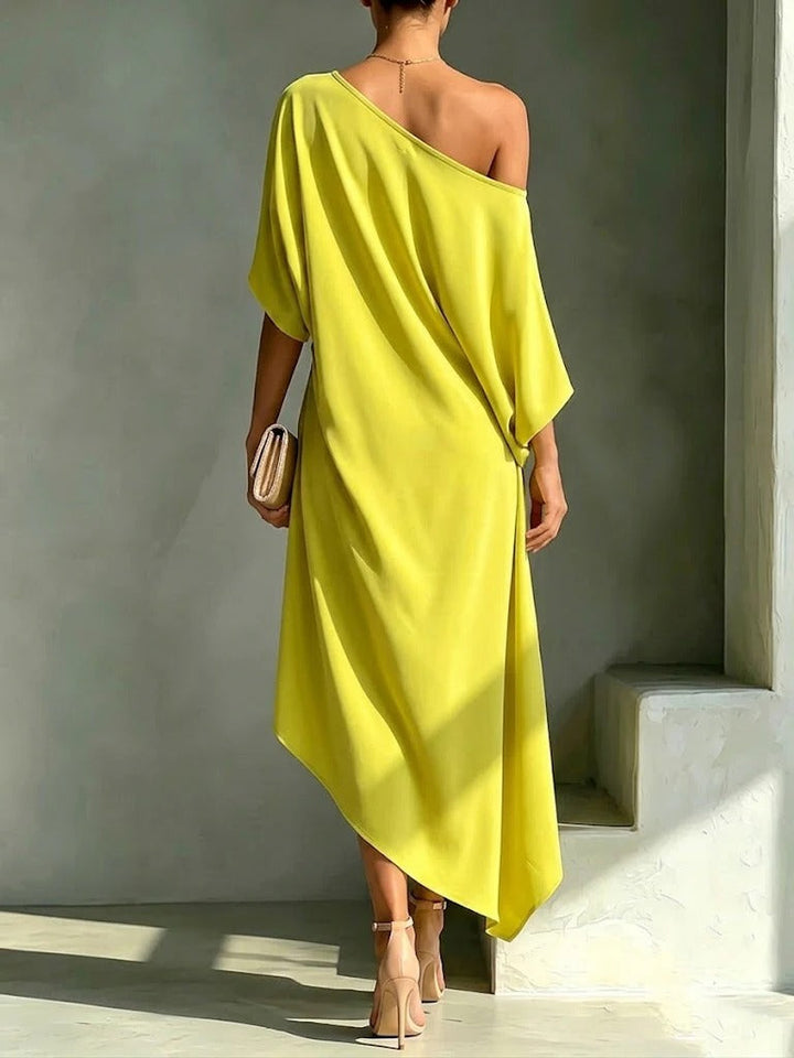 Elonia - Vestido Midi Assimétrico Com Ombros à Vista