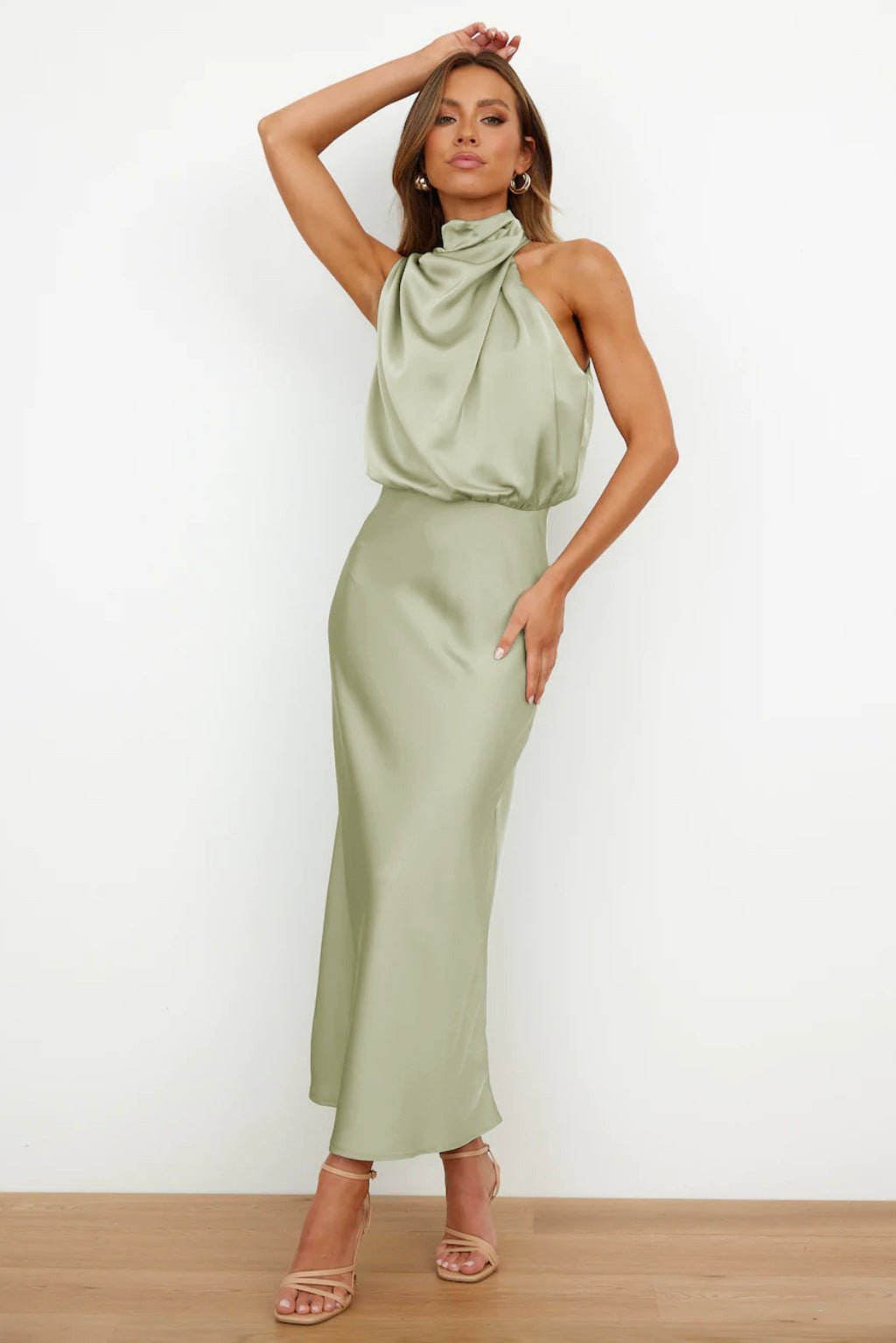 Aukje - Vestido Maxi Elegante Sem Mangas Em Cetim