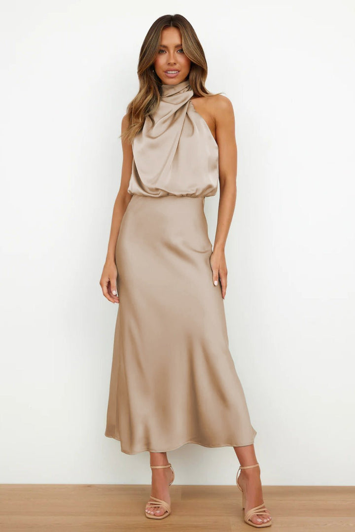 Aukje - Vestido Maxi Elegante Sem Mangas Em Cetim