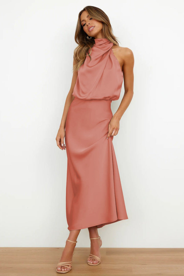Aukje - Vestido Maxi Elegante Sem Mangas Em Cetim