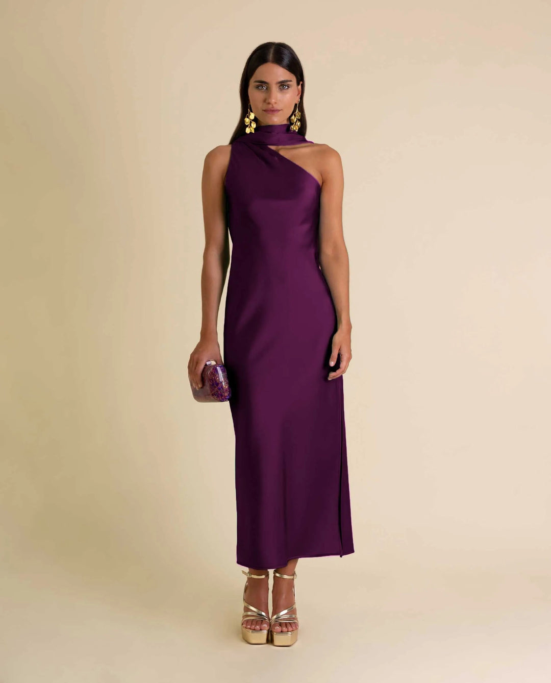 Zinash - Vestido Midi Com um Ombro à Mostra e Iaço no Pescoço