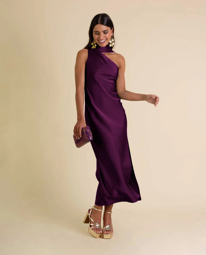 Zinash - Vestido Midi Com um Ombro à Mostra e Iaço no Pescoço