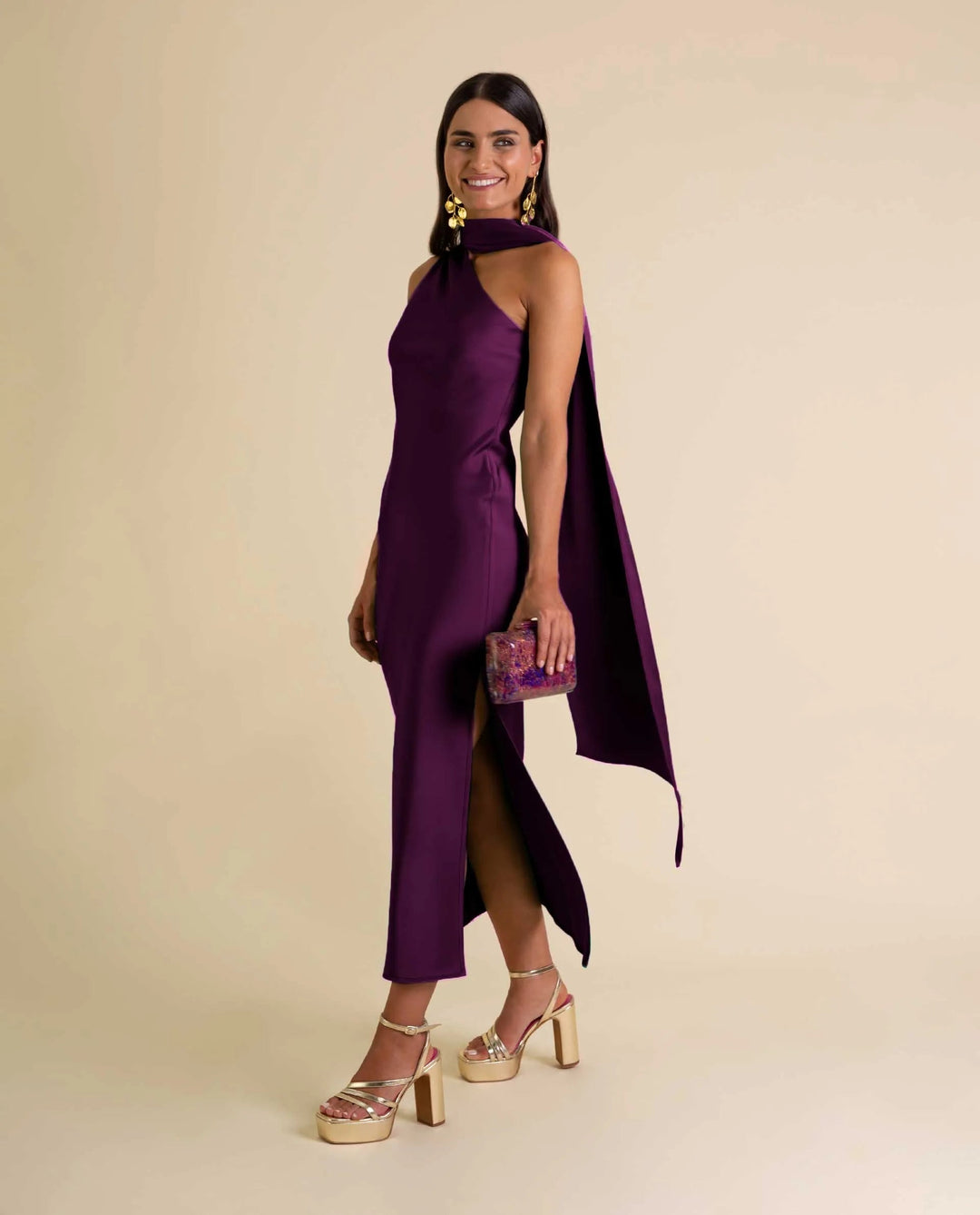 Zinash - Vestido Midi Com um Ombro à Mostra e Iaço no Pescoço