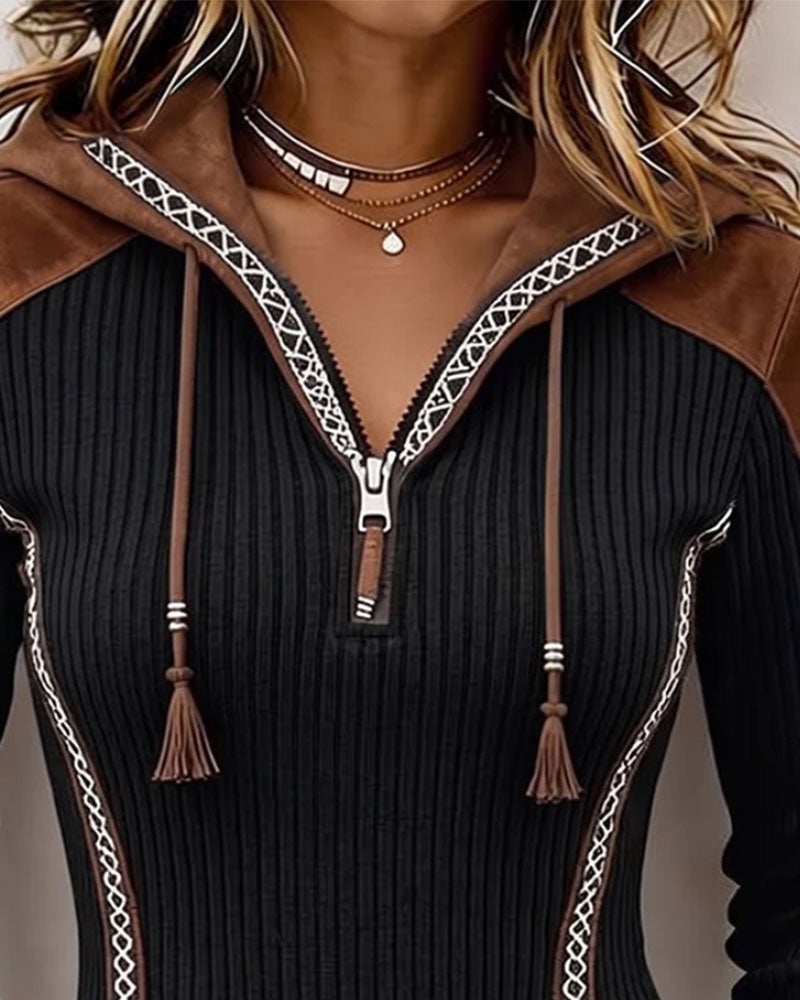 Seniya - Camisola de Manga Comprida Com Capuz e Fecho Frontal
